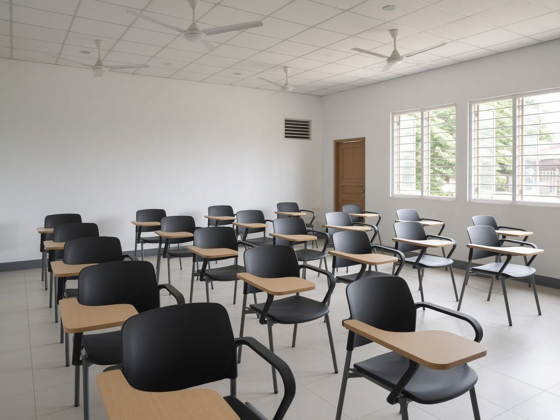 Institutional classroom with rows of modern tablet-arm chairs