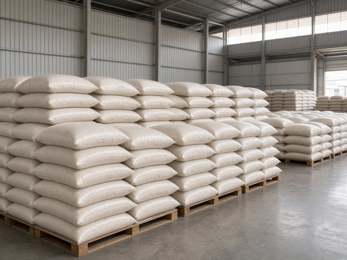 Warehouse stacks of milled rice for relief and community programs